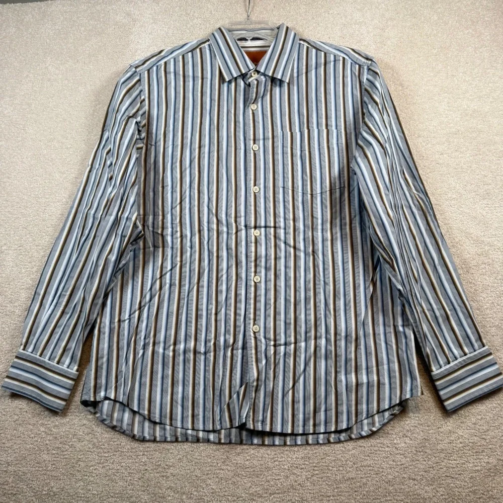 Tommy Bahama Button Down Shirt Mens Large Blue Brown Striped Long Sleeve Cotton‎